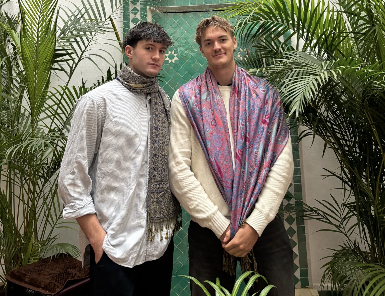 Jack and Kai in a riad courtyard in Marrakech, Morocco